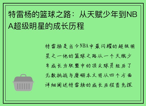 特雷杨的篮球之路：从天赋少年到NBA超级明星的成长历程