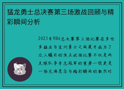 猛龙勇士总决赛第三场激战回顾与精彩瞬间分析